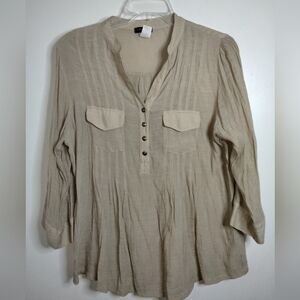 Cocomo Woman (Size 2X) Beige V-Neck Button Pleated Roll Tab 3/4 Sleeves Blouse